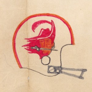 The first year for the Buccaneers was an 0-14 disaster, but their helmets sure were cool. Not easy to get the face to show with two such similar colors though!